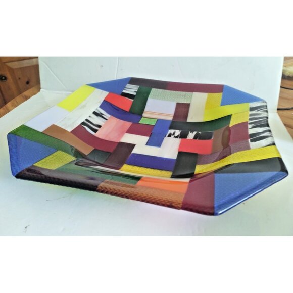 Rare Large Fused & Woven Mosaic Glass Plater 12.5" x 12.5" E&R Glass Labelled - Picture 2 of 16